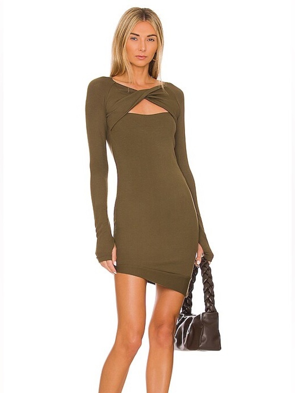ALIX NYC Barlow Mini Dress in Military Cutout Twist Front Long Sleeve Green